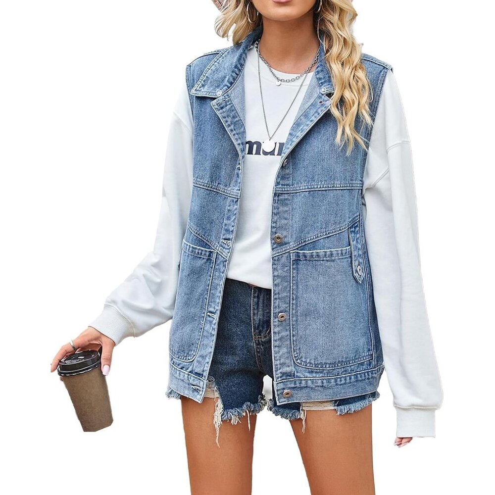 Women's Oversized Denim Vest Cotton Sleeveless Mid Long Casual Jacket
